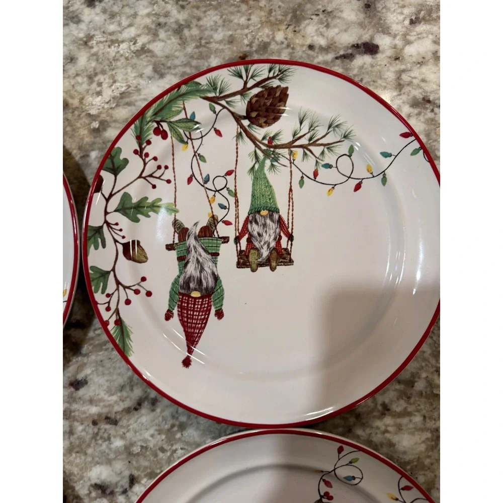 Pottery Barn Forest Gnome Salad Plates Set of 4 Christmas Holiday Stoneware 9in